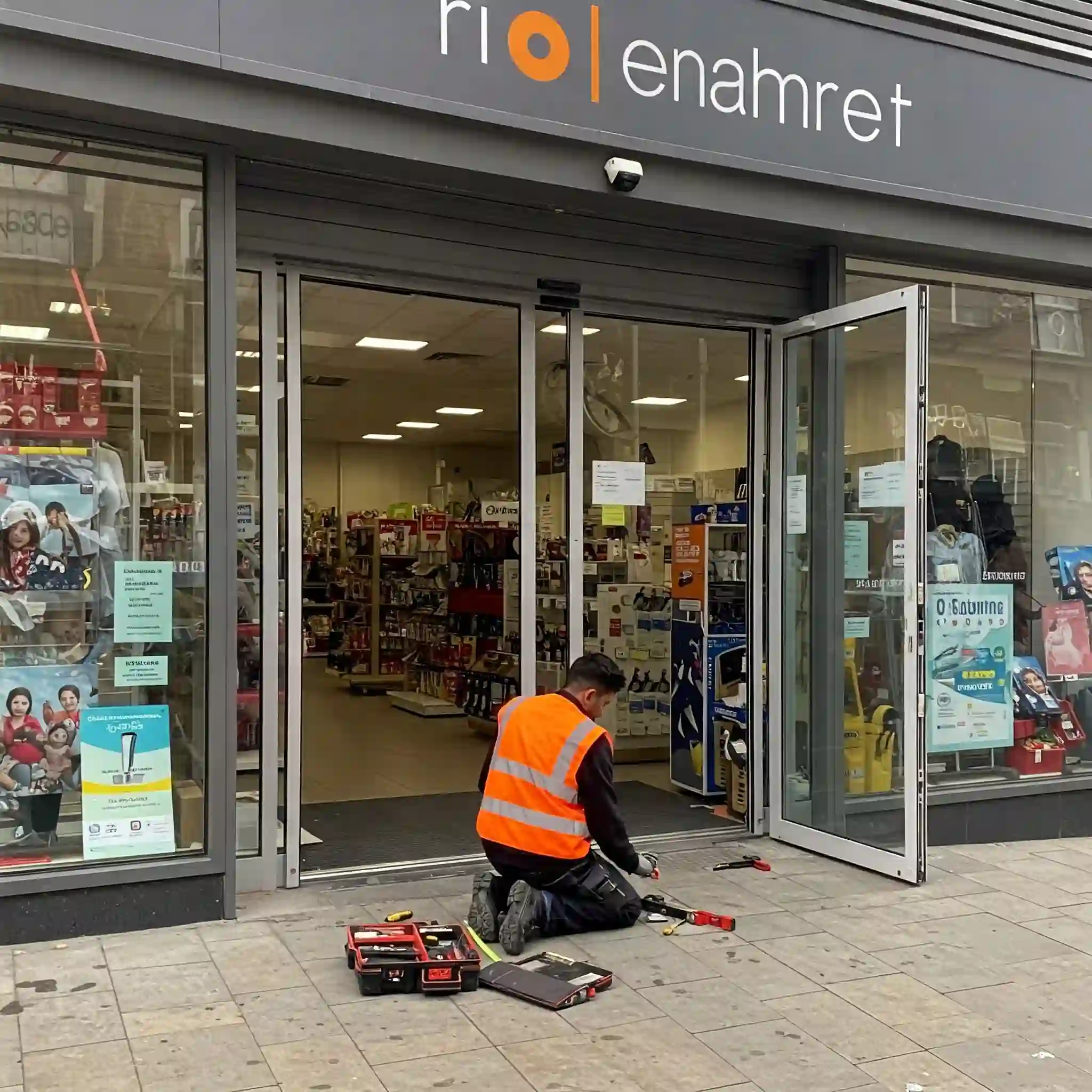 Professional automatic door repair technician working on a commercial automatic sliding door in London